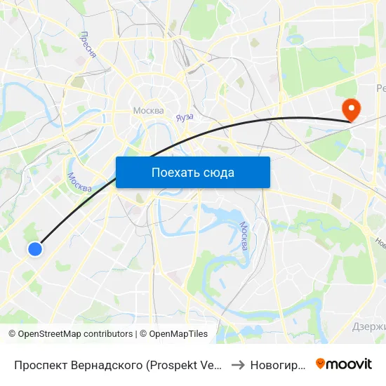 Проспект Вернадского (Prospekt Vernadskogo) to Новогиреево map
