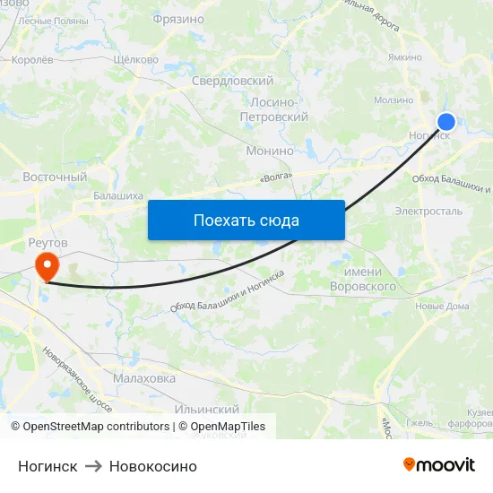 Ногинск to Новокосино map