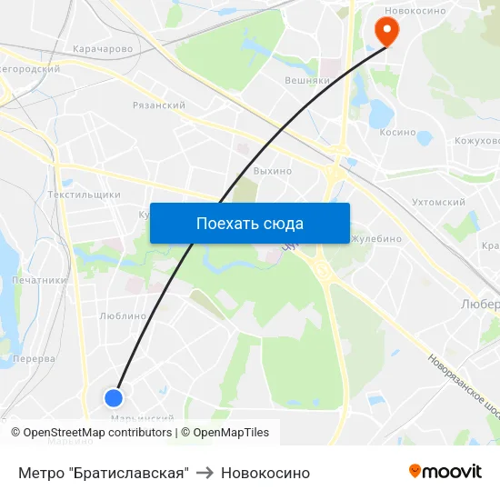 Метро "Братиславская" to Новокосино map