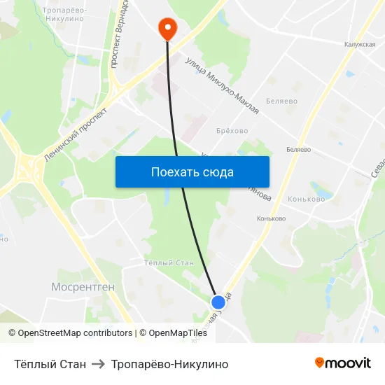 Тёплый Стан to Тропарёво-Никулино map