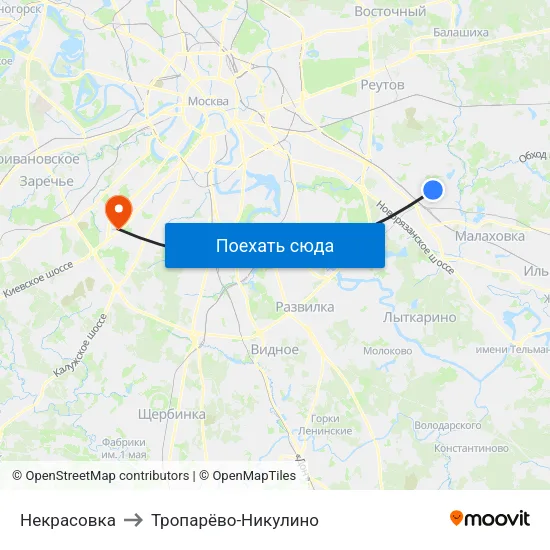 Некрасовка to Тропарёво-Никулино map