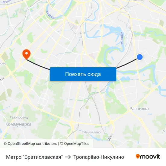 Метро "Братиславская" to Тропарёво-Никулино map