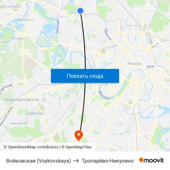 Войковская (Voykovskaya) to Тропарёво-Никулино map