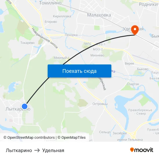 Лыткарино to Удельная map