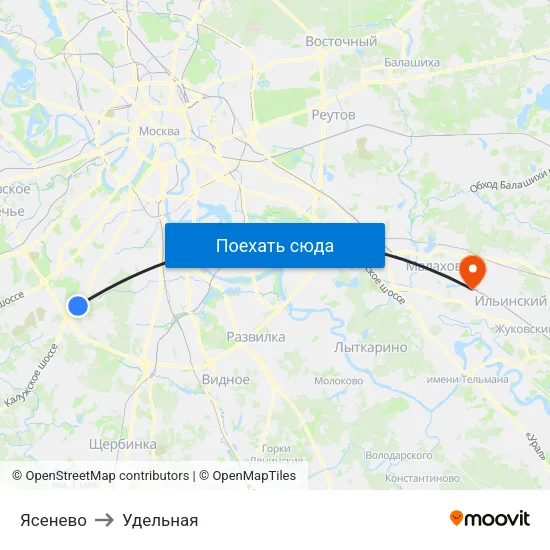 Ясенево to Удельная map