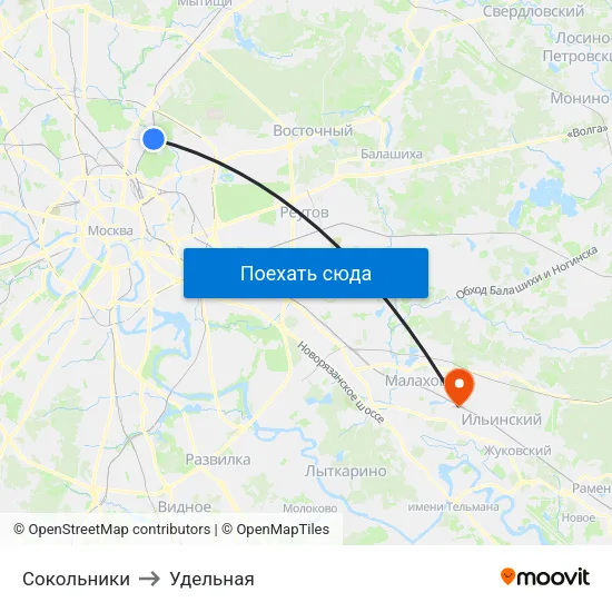 Сокольники to Удельная map