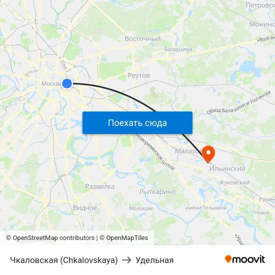 Чкаловская (Chkalovskaya) to Удельная map