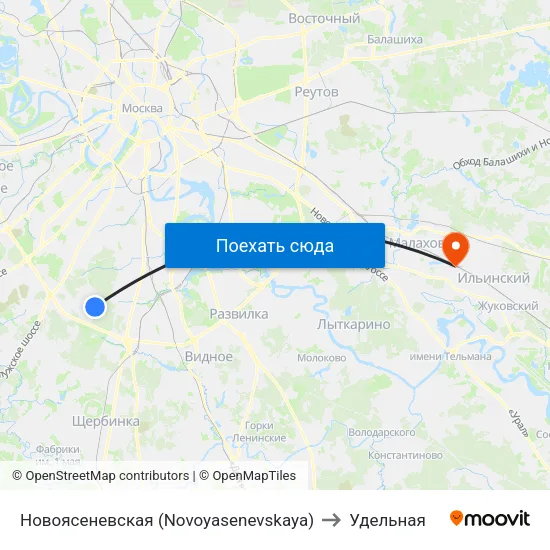 Новоясеневская (Novoyasenevskaya) to Удельная map