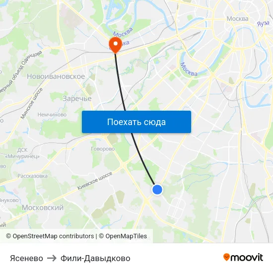 Ясенево to Фили-Давыдково map