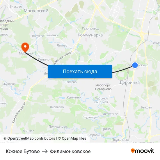 Южное Бутово to Филимонковское map