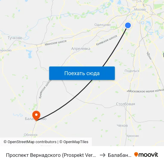 Проспект Вернадского (Prospekt Vernadskogo) to Балабаново map