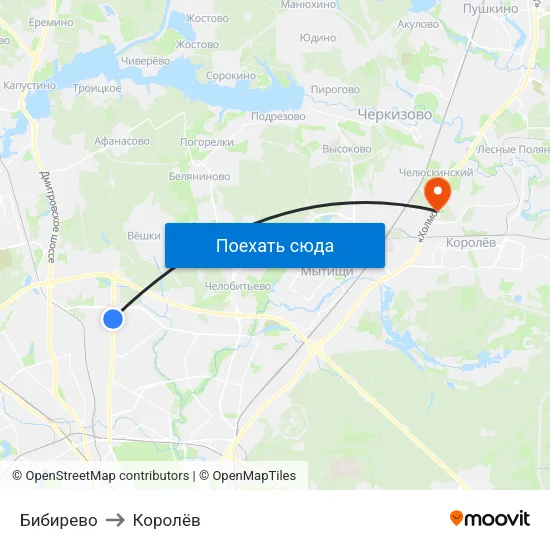 Бибирево to Королёв map