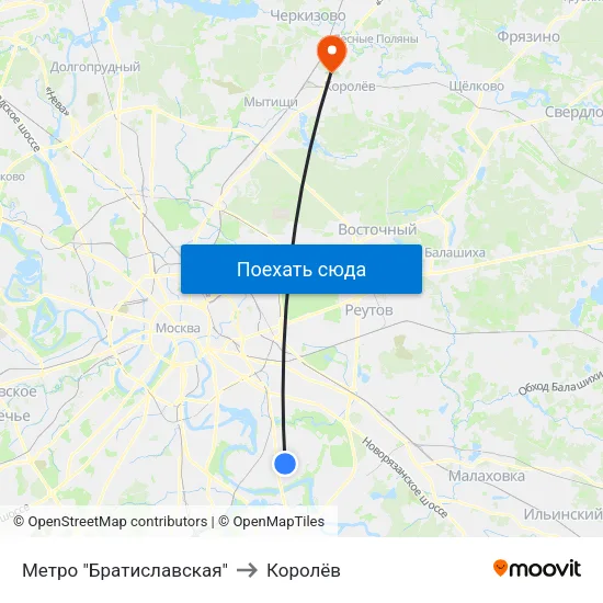 Метро "Братиславская" to Королёв map