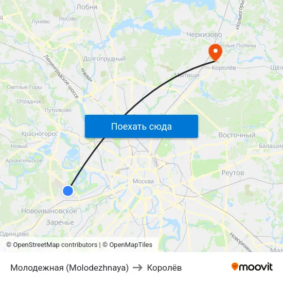 Молодежная (Molodezhnaya) to Королёв map