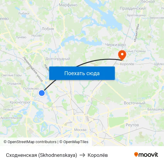 Сходненская (Skhodnenskaya) to Королёв map