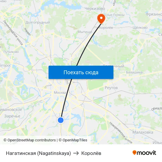 Нагатинская (Nagatinskaya) to Королёв map