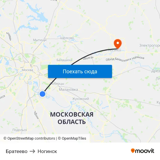 Братеево to Ногинск map