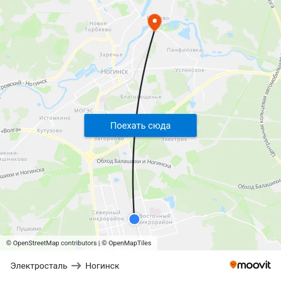 Электросталь to Ногинск map