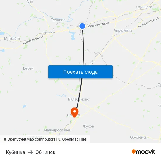 Кубинка to Обнинск map