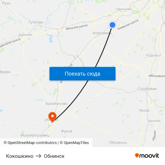 Кокошкино to Обнинск map