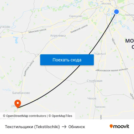 Текстильщики (Tekstilschiki) to Обнинск map