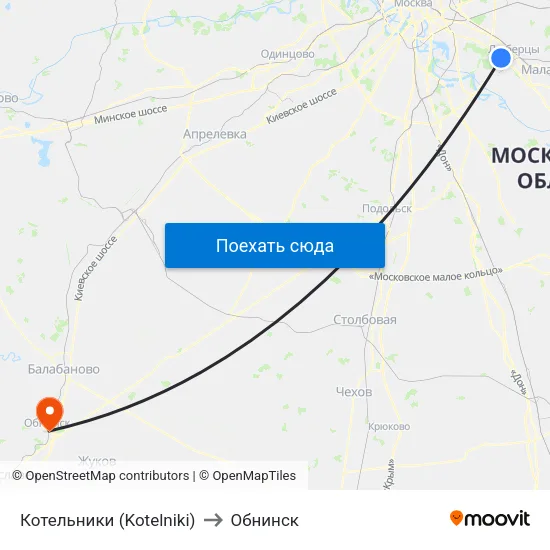 Котельники (Kotelniki) to Обнинск map