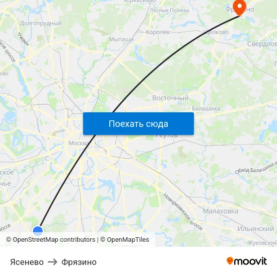 Ясенево to Фрязино map