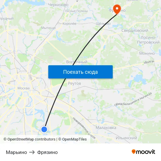 Марьино to Фрязино map