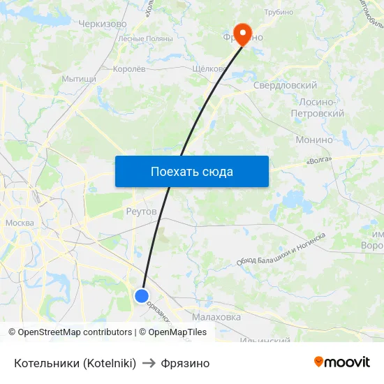 Котельники (Kotelniki) to Фрязино map