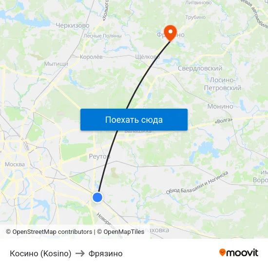 Косино (Kosino) to Фрязино map