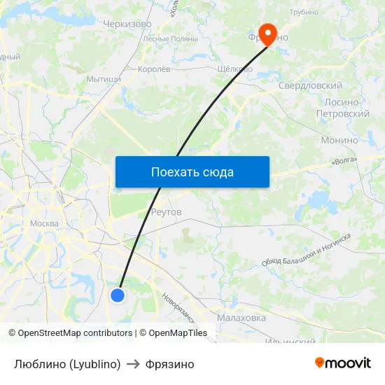 Люблино (Lyublino) to Фрязино map