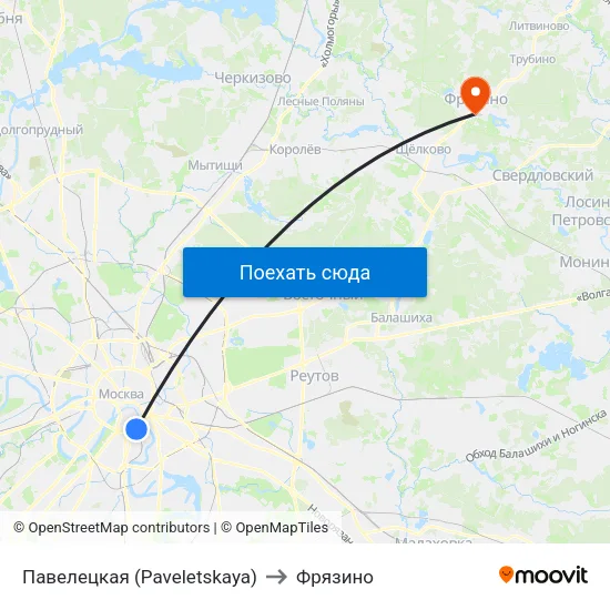 Павелецкая (Paveletskaya) to Фрязино map