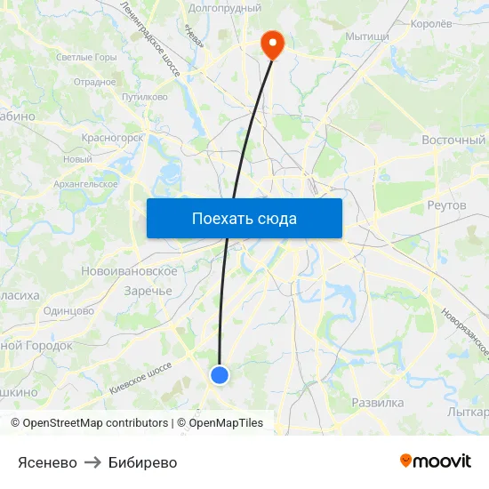 Ясенево to Бибирево map