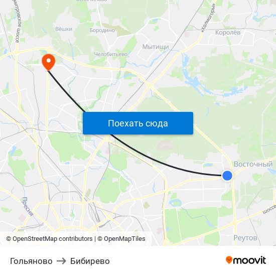 Гольяново to Бибирево map