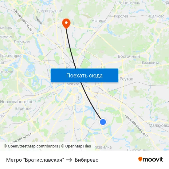 Метро "Братиславская" to Бибирево map
