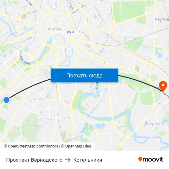 Проспект Вернадского to Котельники map
