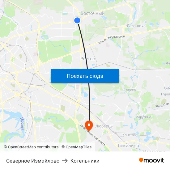 Северное Измайлово to Котельники map