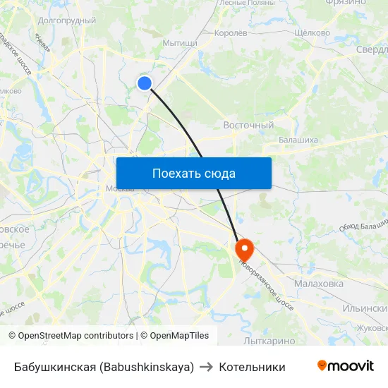 Бабушкинская (Babushkinskaya) to Котельники map