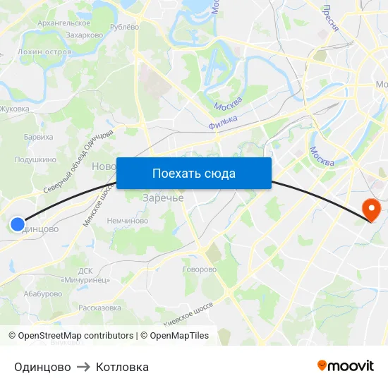 Одинцово to Котловка map