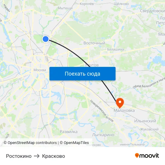 Ростокино to Красково map