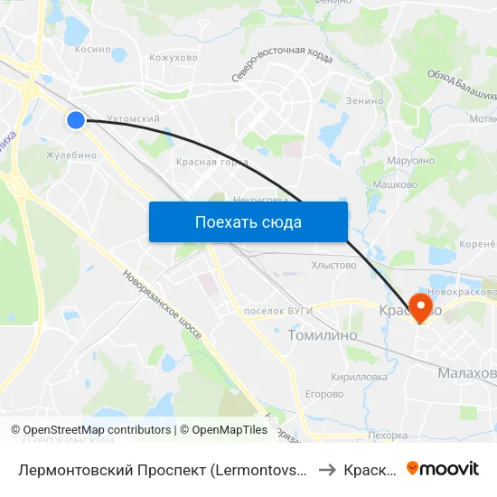 Лермонтовский Проспект (Lermontovsky Prospekt) to Красково map