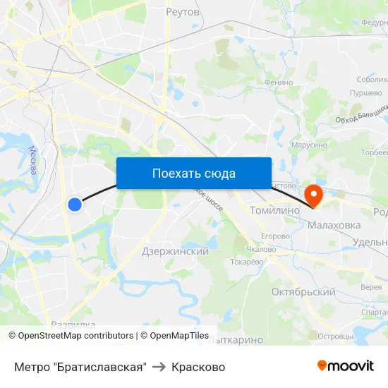 Метро "Братиславская" to Красково map