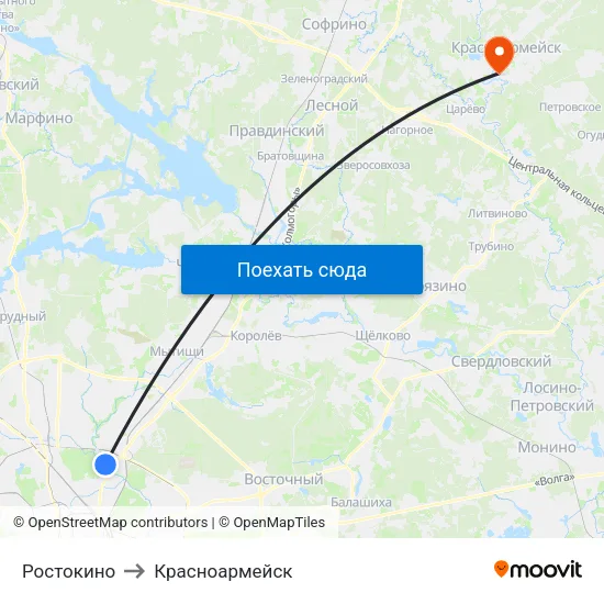 Ростокино to Красноармейск map