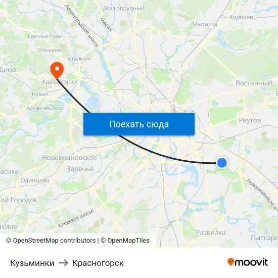 Кузьминки to Красногорск map