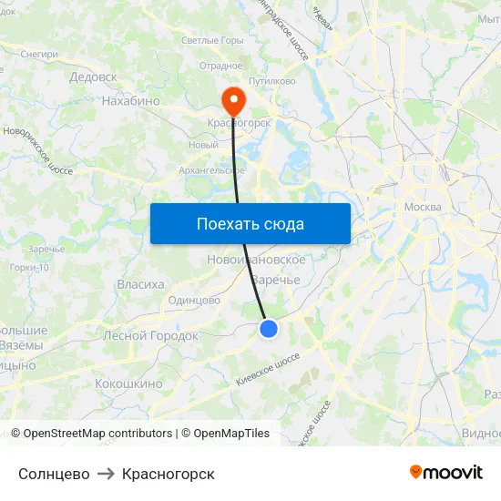 Солнцево to Красногорск map