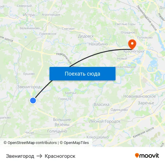 Звенигород to Красногорск map