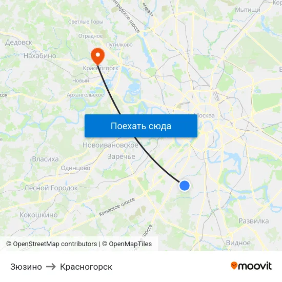 Зюзино to Красногорск map