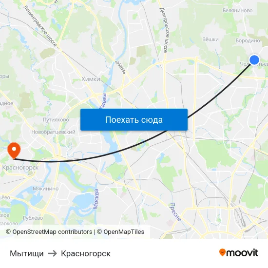 Мытищи to Красногорск map
