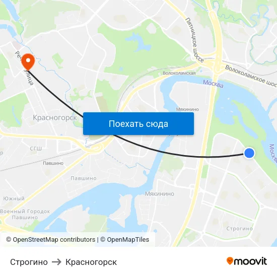 Строгино to Красногорск map