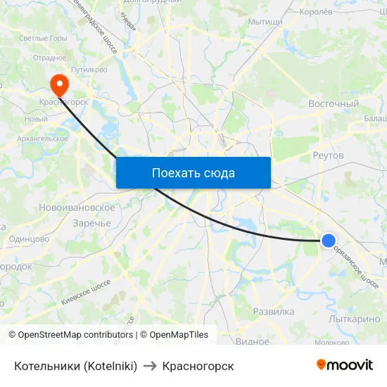 Котельники (Kotelniki) to Красногорск map